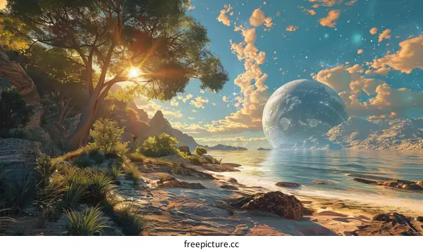 Enchanted Sunset with Giant Moon: Fantasy Landscape