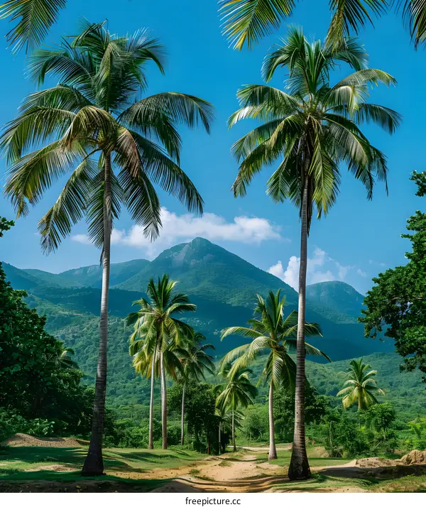Palm trees on a tropical beach with green mountains in the background