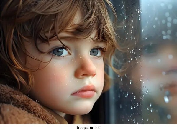 Little Girl Looking Through a Window During Rainy Day