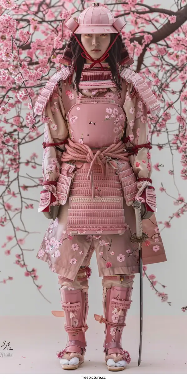 A samurai woman in pink armor stands in a field of cherry blossoms.
