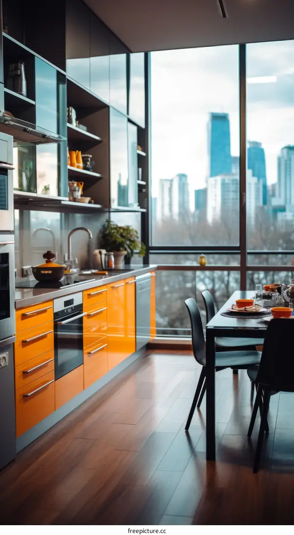 Modern kitchen with orange cabinets and a large window