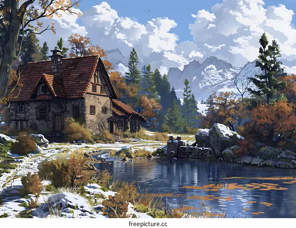 Stone Cottage with Winter Landscape