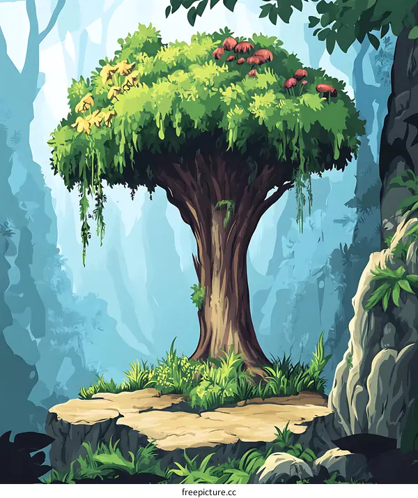Fantasy Tree with Moss and Flowers in a Lush Forest