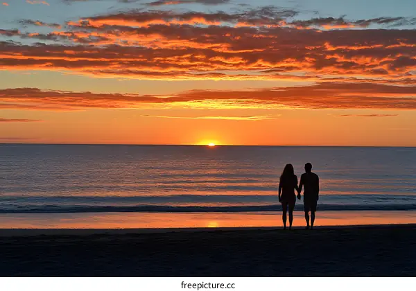 Silhouette of Couple Holding Hands at Sunset on Beach