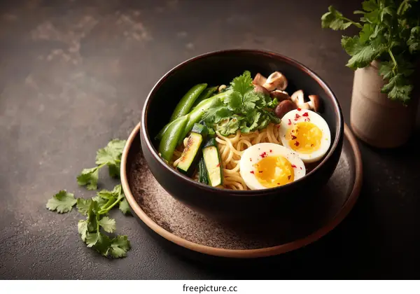 Delicious Ramen Bowl with Vegetables and Eggs