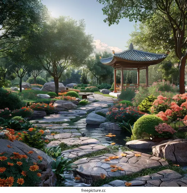 Serene Chinese Garden Pavilion with Stone Path
