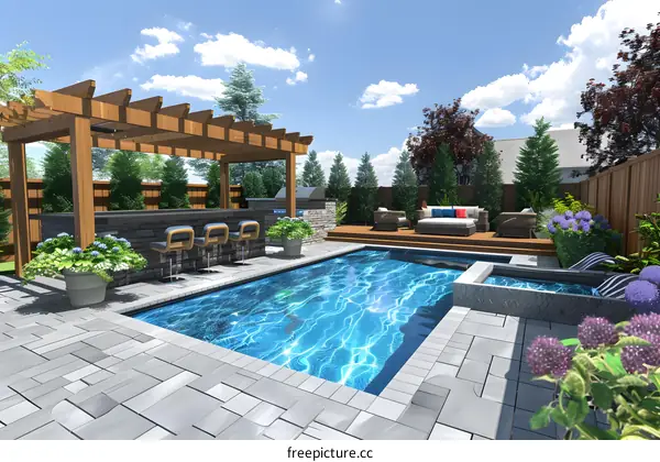 Modern Backyard Pool Design with Pergola and Bar