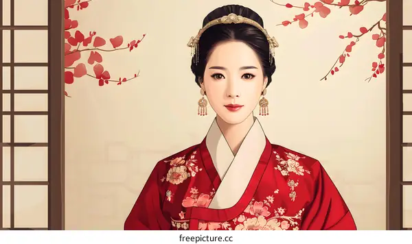 Beautiful Asian Woman in Traditional Hanbok Dress