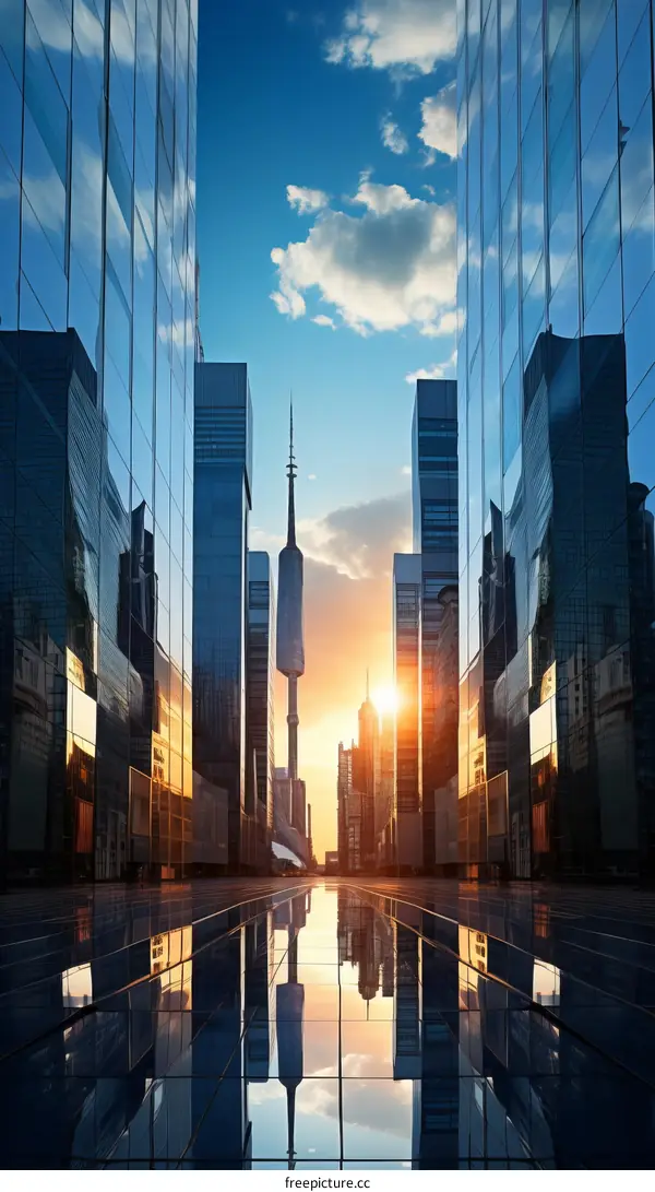 Skyscraper reflections in the city under the sunset