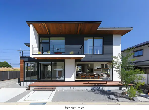 Modern Japanese House Exterior Design With Wooden Deck