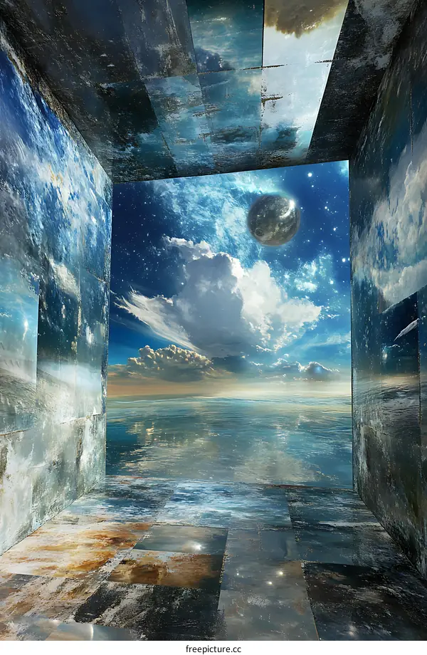 Abstract Room with a View of the Night Sky and a Distant Planet