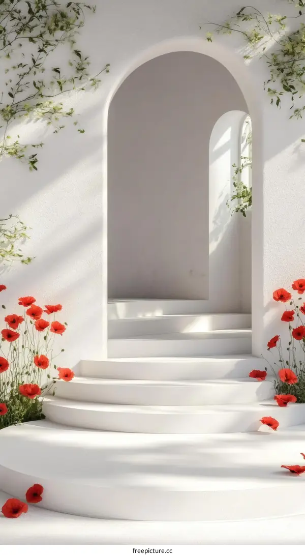 Elegant White Archway Stairway with Poppy Flowers