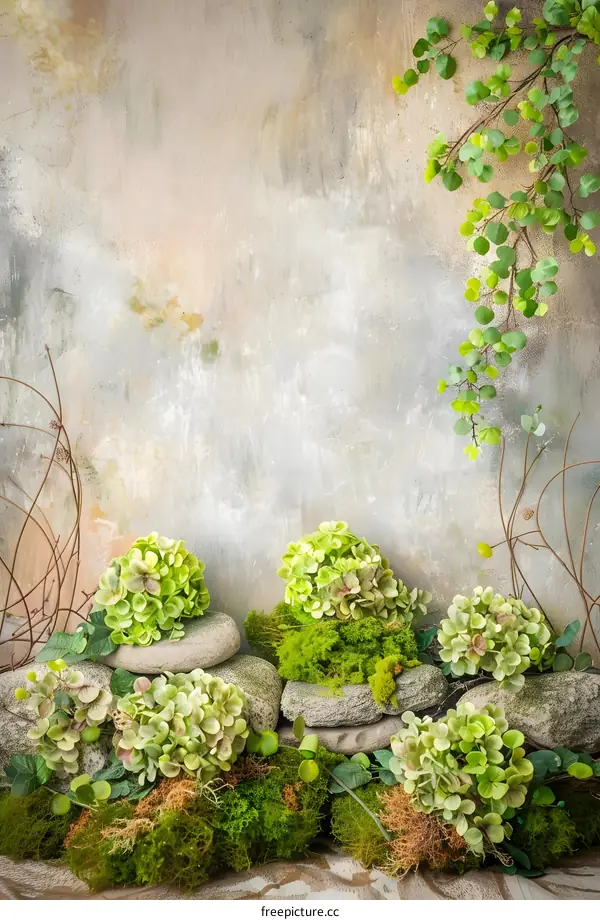 Green Hydrangeas and Moss on Stones with a Grunge Wall Background