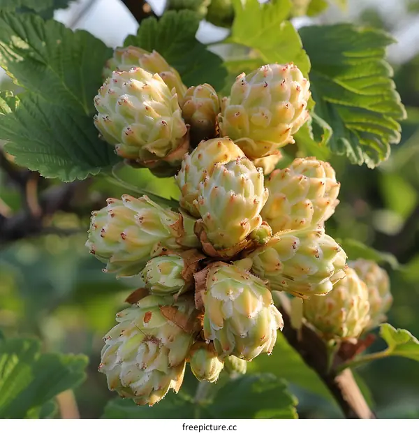 A close-up image of a cluster of hop flowers.