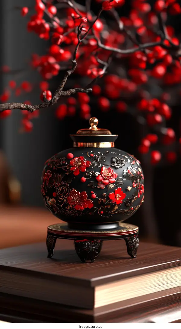 Ornate Black Porcelain Vase with Red Floral Design