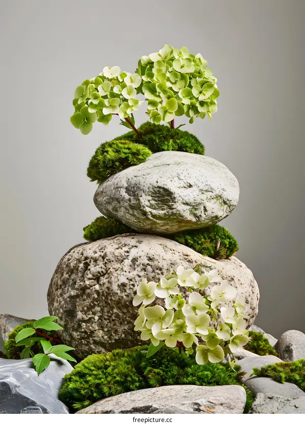 Stack of Stones with Flowers and Moss