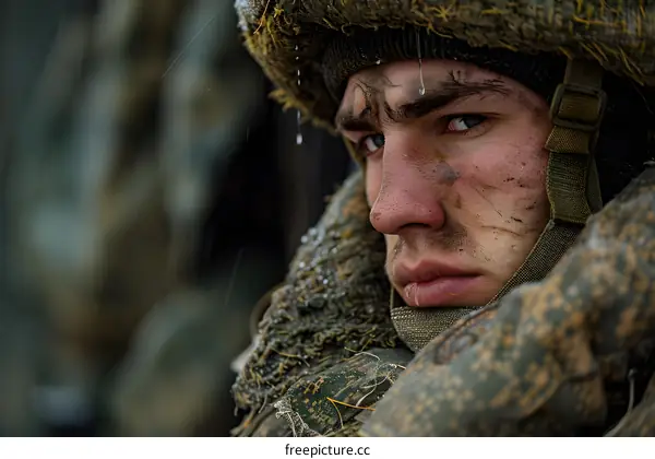 Close Up Portrait Of Soldier With Dirty Face And Snow On His Helmet