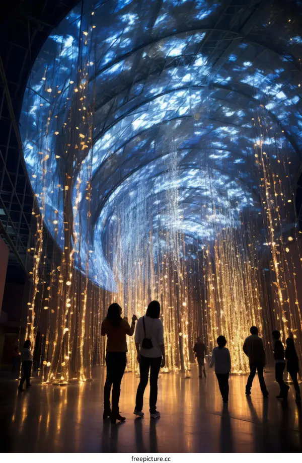 Visitors walk through a tunnel of illuminated lights.