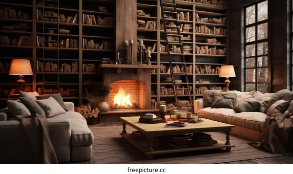 Cozy living room with fireplace and large library