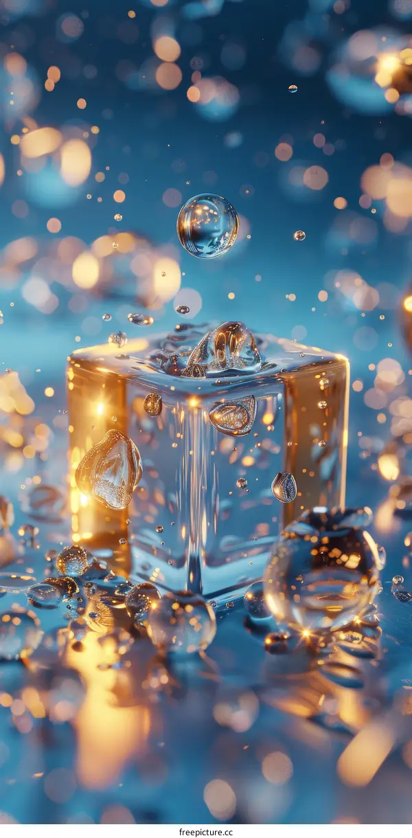 Abstract Ice Cube with Water Drops