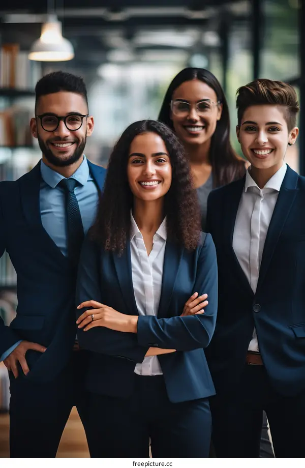 A group of four business professionals posing for a photo in an office