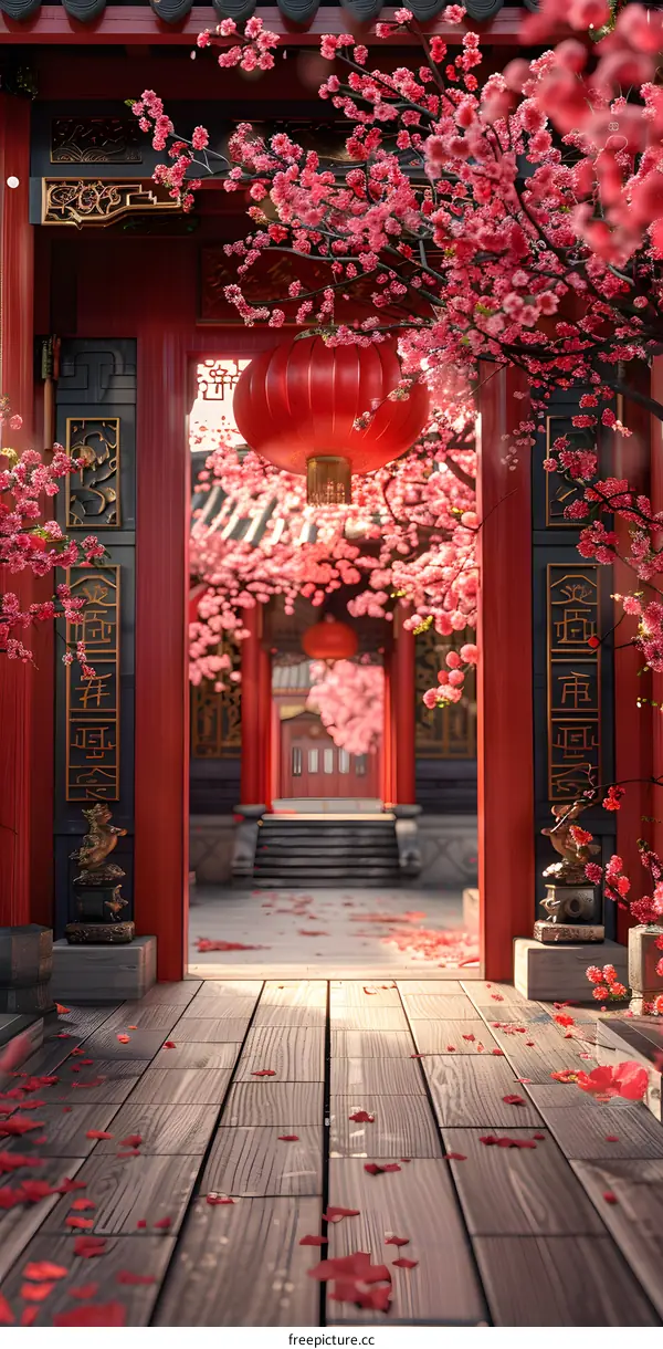 Chinese style architecture with pink flowers