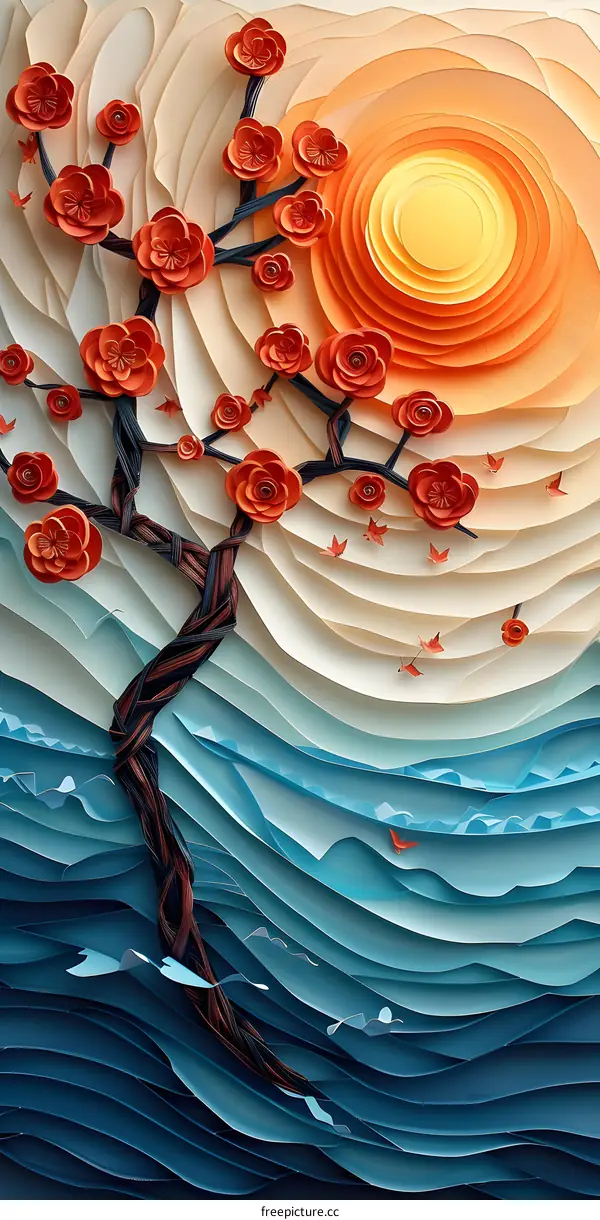 Paper Art of a Tree and Ocean