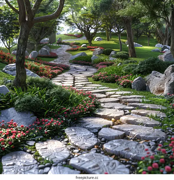 Scenic Stone Pathway Through Lush Garden