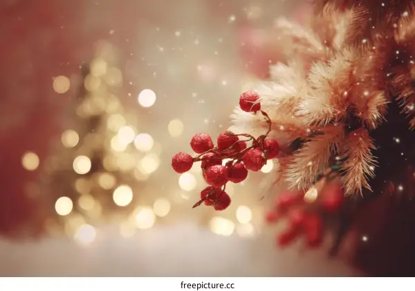 Christmas Decoration with Red Berries and Bokeh Lights