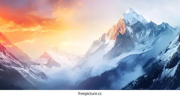 Majestic Mountain Peak with Snow and Colorful Sunset Sky