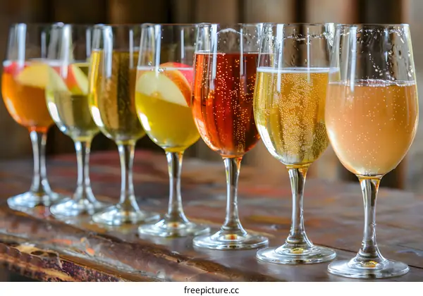 Variety of Apple Cider in Wine Glasses