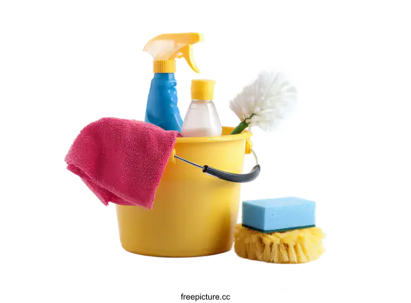 [Transparent Background PNG]Essential Cleaning Supplies in Yellow Bucket for Home Maintenance
