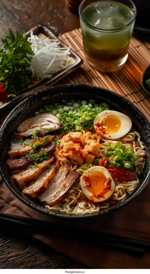 A delicious bowl of ramen with pork, egg, and vegetables