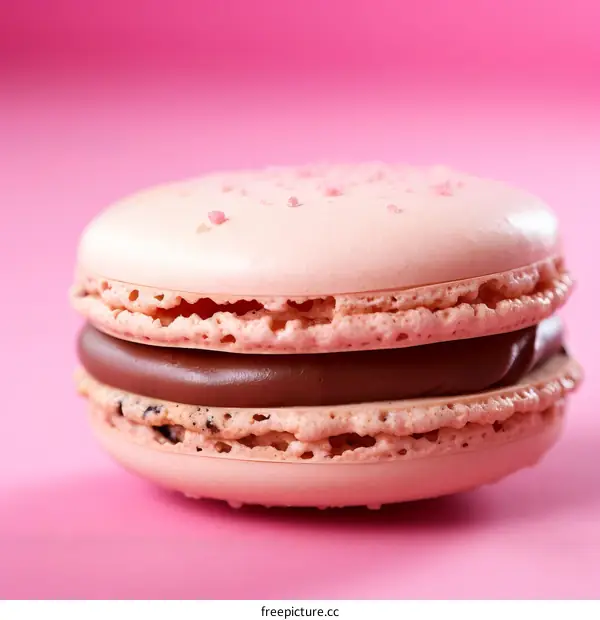 Single pink macaron with chocolate filling on pink background