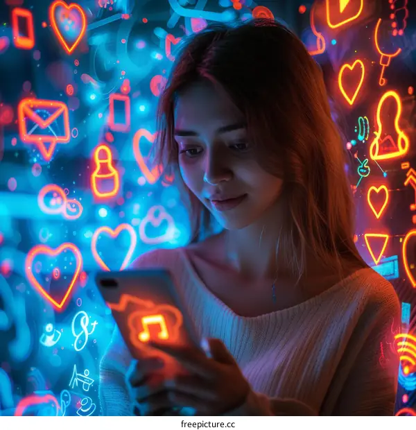 Young woman using a smartphone with social media icons around her