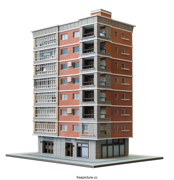 [Transparent Background PNG]Multi-Story Brick Building Model on White Background