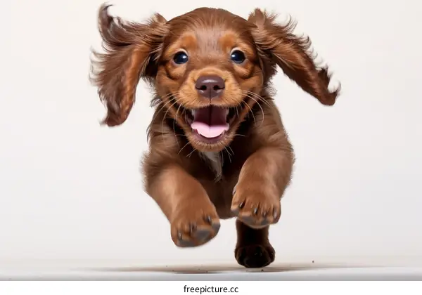 A happy brown cocker spaniel puppy running