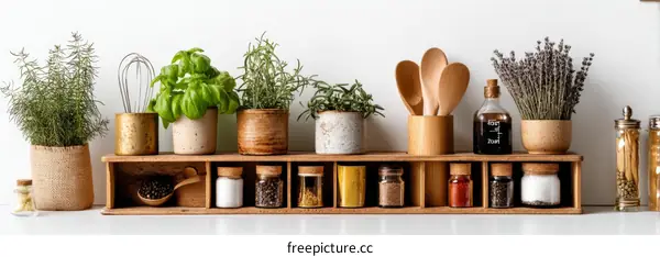 Wooden Kitchen Spice Rack with Herbs and Utensils