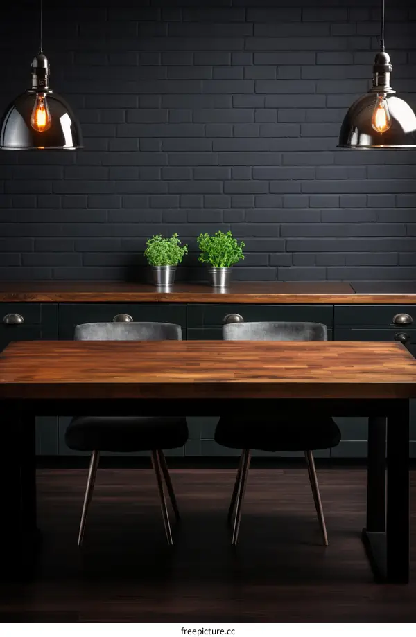 Rustic wood table with chairs in front of a brick wall