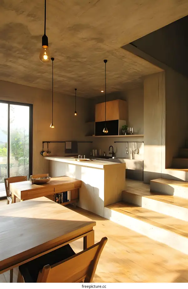 Modern Kitchen with Concrete Walls and Wooden Floor