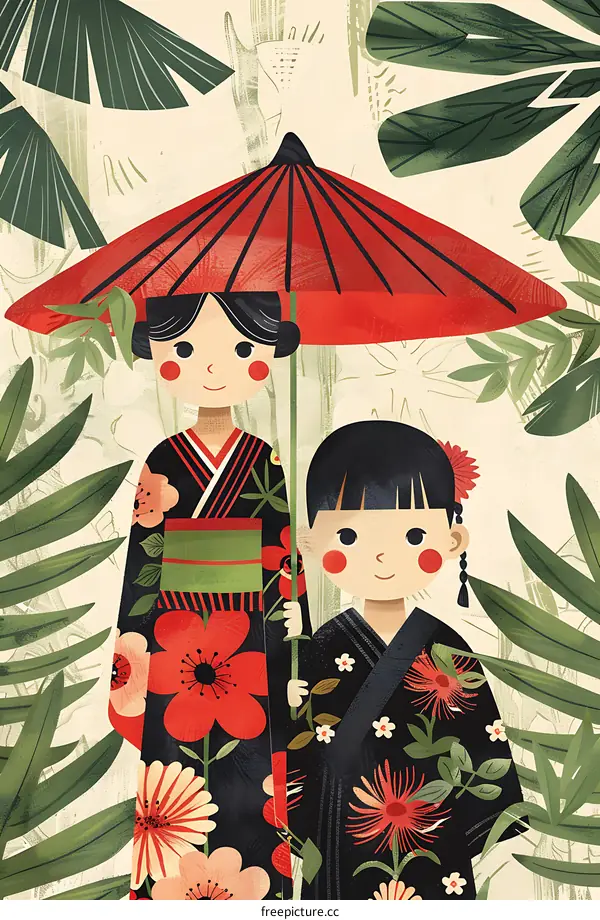 Two Girls In Traditional Japanese Kimono With Red Umbrella