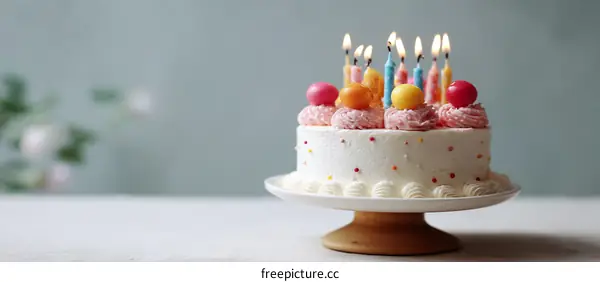 Birthday Cake with Colorful Candles and Decorations