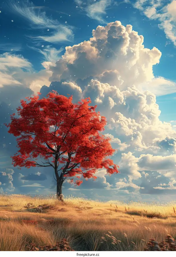 Beautiful Autumn Landscape with a Red Tree