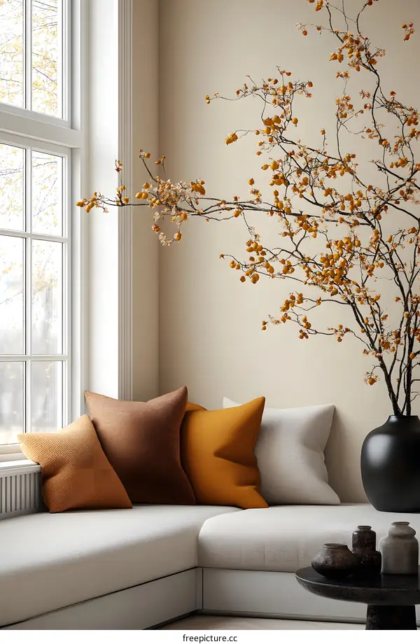 Beige Sofa With Yellow Pillows And Dried Flowers In A Vase