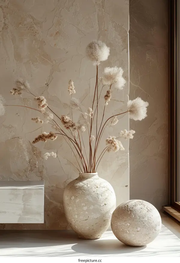 Beige Decorative Vase with Dried Flowers