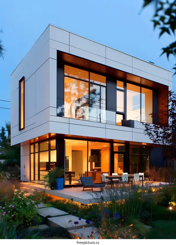 Modern Home Exterior With Large Windows And Patio