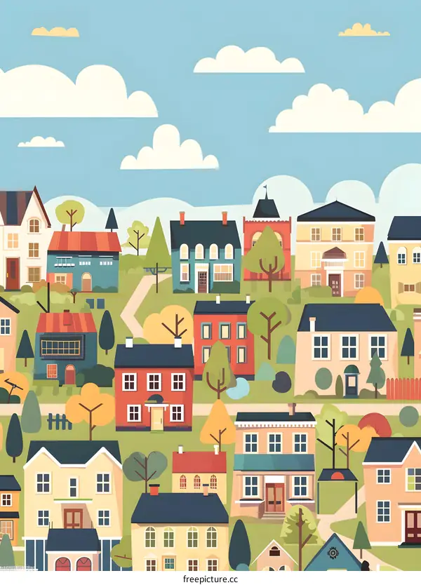Colorful Illustration of a Small Town with Houses and Trees