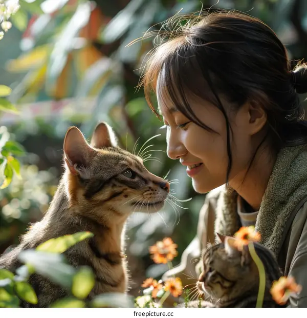 A young woman is smiling at a cat in a garden