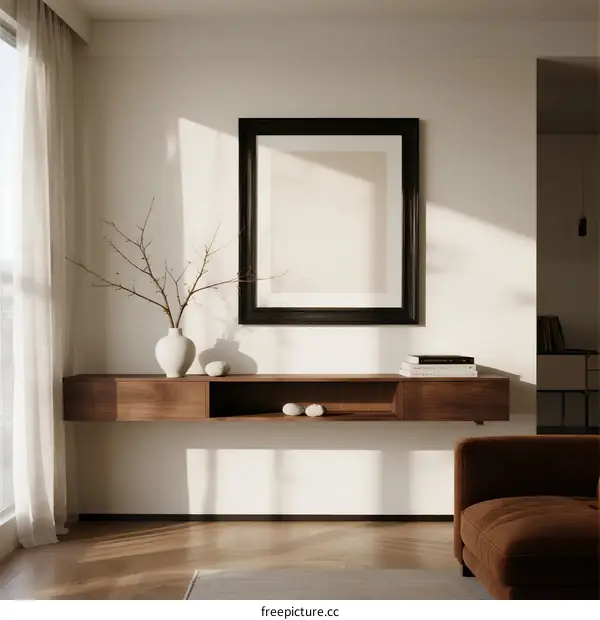 Minimalist living room with wooden shelf and mirror