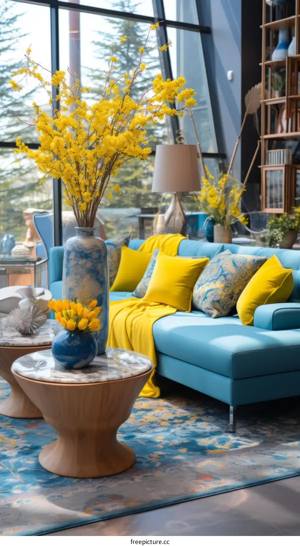Blue and Yellow Themed Living Room With Modern Furniture